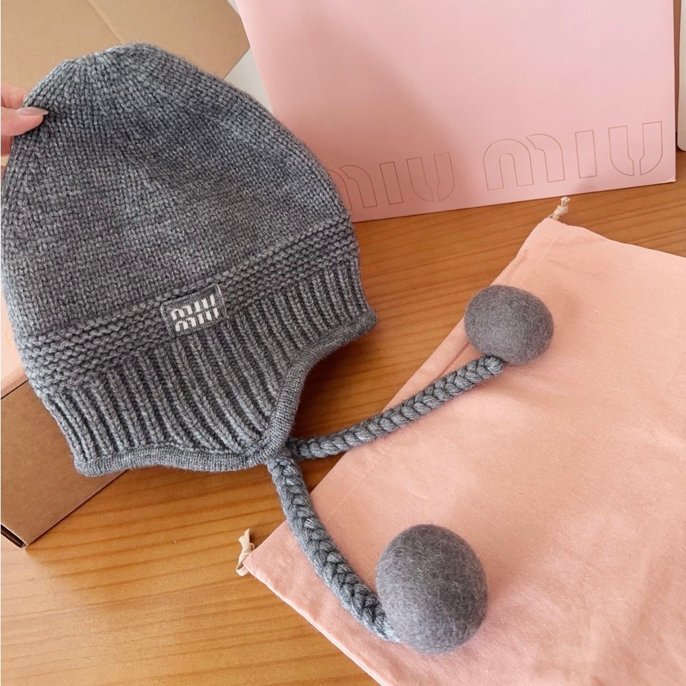 Miu Miu Gray Knit Hat with Pom Pom Ties